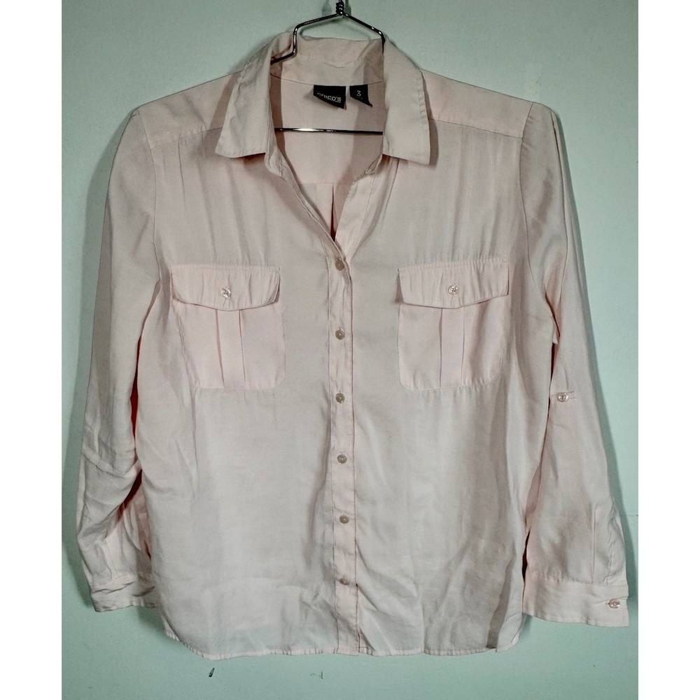 Chico's Womens Light Pink Roll Tab Sleeve Button Up Shirt Size 3 US XL